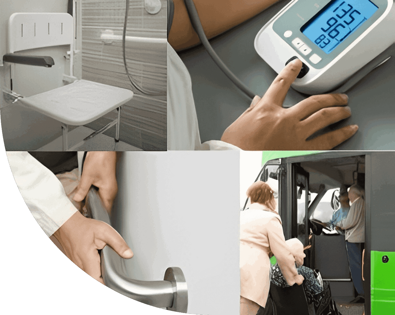 Collage of healthcare and mobility aids including blood pressure monitoring and wheelchair assistance.