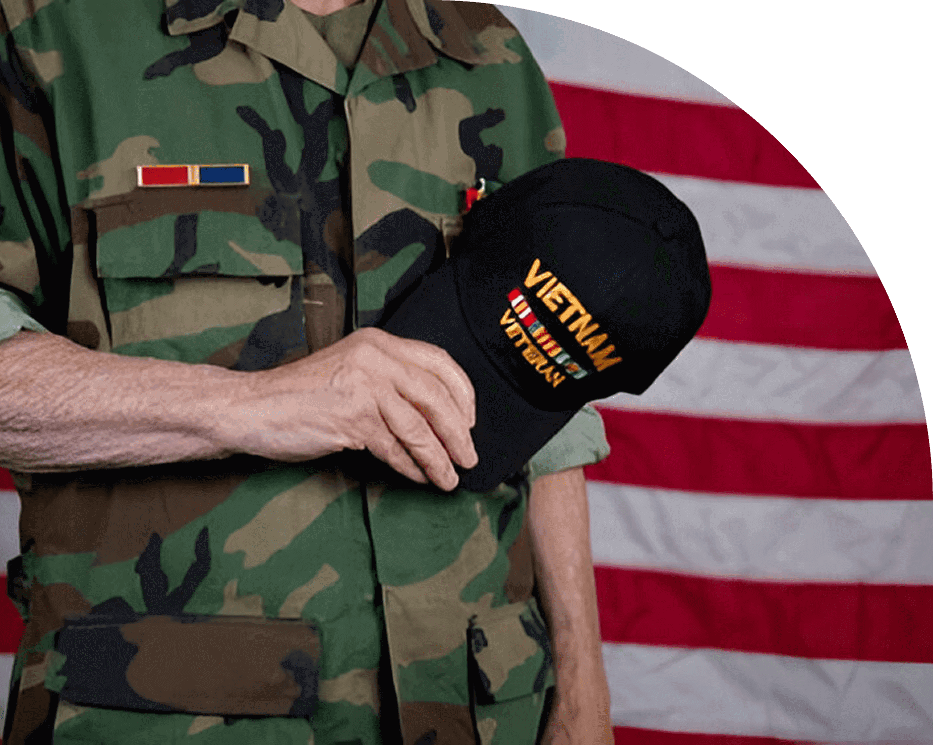 A person in camouflage holding a Vietnam Veteran cap in front of an American flag.
